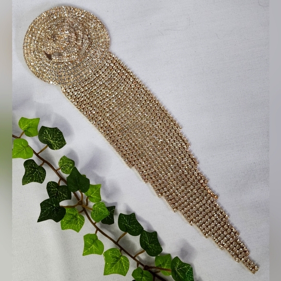 Large Statement Rose Flower Brooch Pin Yellow Gold Rhinestone Fringe New - Picture 10 of 13